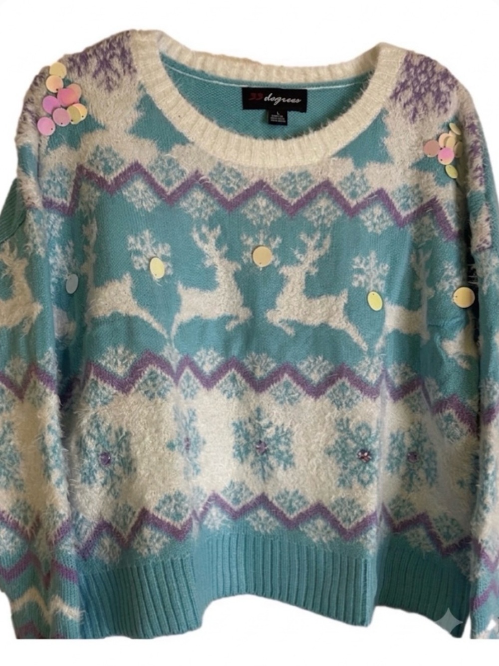 33 DEGREES Reindeer Graphic Sweater, Women’s XXL, Blue White Purple